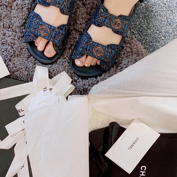 Chanel Denim Gold Quilted Cc Logo daddy sandal - Picture 2 of 13